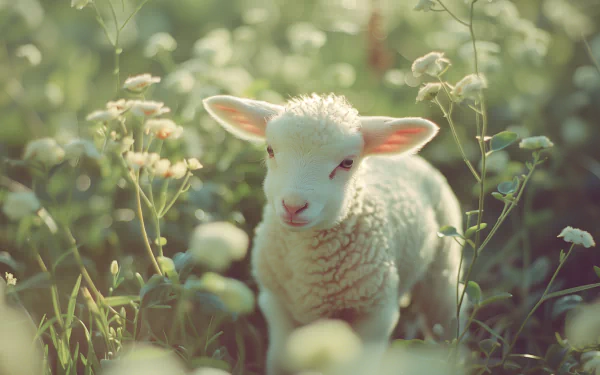 A charming lamb stands among soft white flowers, captured in a serene HD wallpaper that brings a touch of nature to any desktop background.