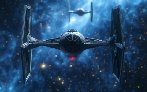 HD desktop wallpaper featuring TIE Fighter fan art with a prominent spacecraft against a starry space backdrop.