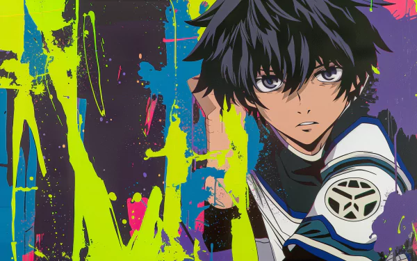 HD wallpaper of Isagi Yoichi from Blue Lock anime, featuring a colorful splatter background.