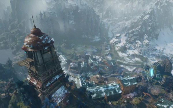 HD wallpaper of a scenic vista from Outcast 2: A New Beginning, featuring an intricate tower overlooking a futuristic village amidst snowy mountains.