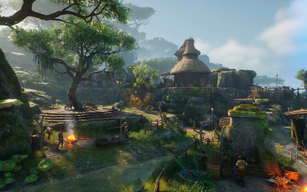 HD desktop wallpaper featuring a lush landscape from the video game Outcast 2: A New Beginning, showcasing vibrant greenery, futuristic architecture, and ambient lighting.