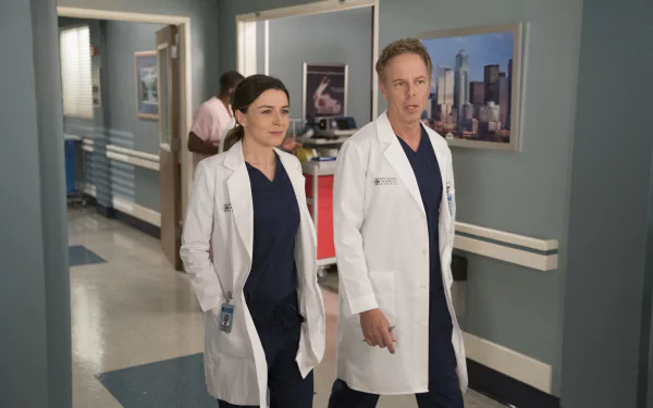 HD desktop wallpaper of two doctors from the TV show Grey's Anatomy walking in a hospital hallway.