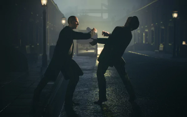 HD wallpaper of Peaky Blinders: The King's Ransom video game depicting a tense nighttime standoff scene on a foggy street.