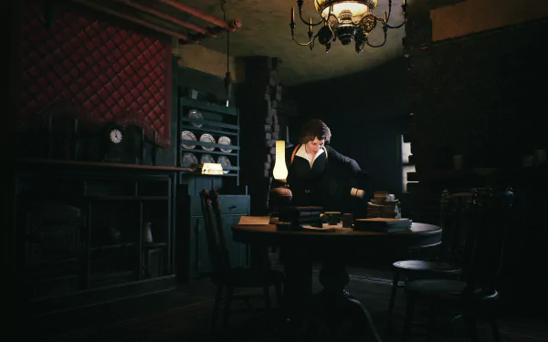 HD desktop wallpaper featuring a moody scene from the video game Peaky Blinders: The King's Ransom, showcasing a character in a vintage office setting.