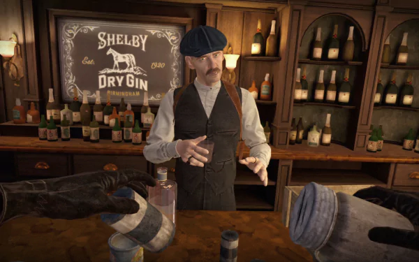 HD wallpaper of a scene from Peaky Blinders: The King's Ransom video game featuring a character resembling a 1920s bartender with a flat cap, standing behind a bar with bottles and a Shelby Dry Gin sign.