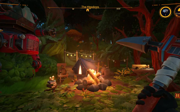 HD Wallpaper of Lightyear Frontier Video Game featuring a Campfire Scene in a Lush Forest Environment.