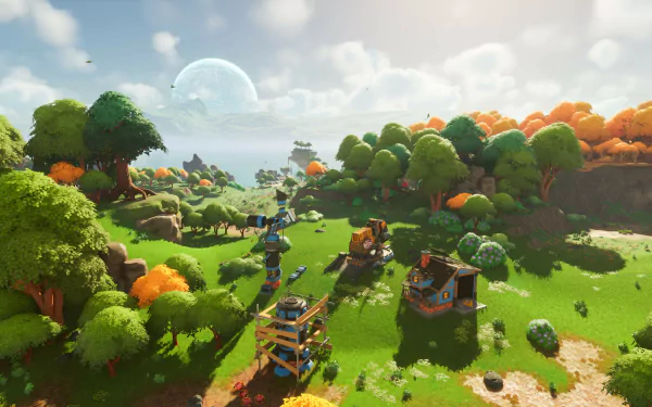 A vibrant HD wallpaper from the video game Lightyear Frontier, showcasing a lush landscape filled with colorful trees and structures under a bright sky.