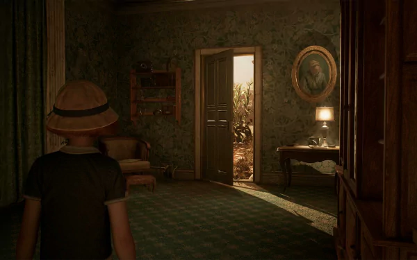 HD wallpaper featuring a scene from the 2024 video game Alone in the Dark with a character standing in a dimly lit vintage room, facing an open door.