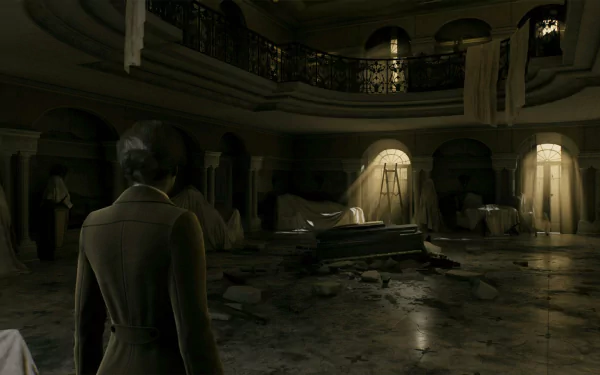 HD wallpaper featuring a moody scene from the video game 'Alone in the Dark (2024)' with a character exploring an eerie, dimly-lit mansion interior.