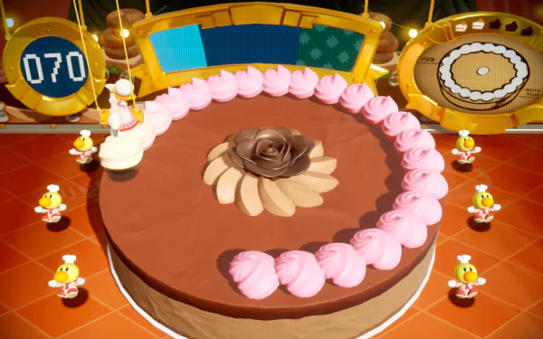 HD desktop wallpaper featuring Princess Peach and Toads on a stage from 'Princess Peach: Showtime!' video game.