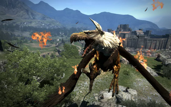 An intense scene from Dragon's Dogma 2 featuring a fiery dragon soaring over a dramatic landscape, creating a stunning HD desktop wallpaper and background.
