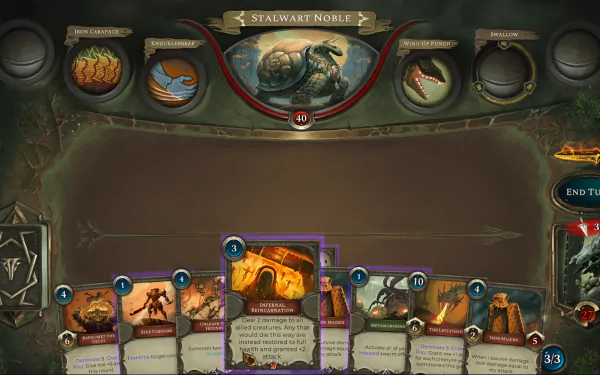 High-definition desktop wallpaper featuring a video game interface with Acolyte of the Altar card, showcasing a fantasy card game battle scene.