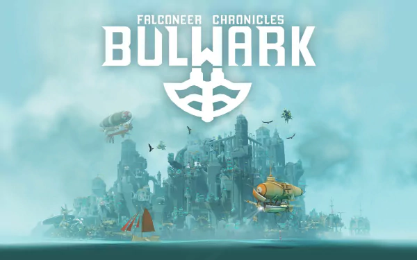 HD desktop wallpaper featuring Bulwark: Falconeer Chronicles video game with floating ships and cityscape.