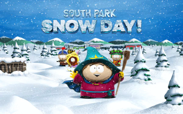 A vibrant HD wallpaper featuring characters from South Park: Snow Day! against a snowy landscape, capturing the humor and spirit of the iconic video game.