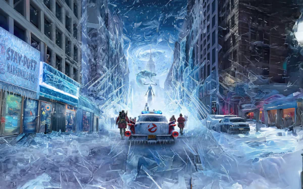 HD desktop wallpaper of Ghostbusters: Frozen Empire, featuring iconic ghost-hunting vehicle and characters in a wintry, ice-encased cityscape.