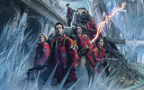 HD wallpaper featuring the characters from Ghostbusters: Frozen Empire, standing confidently amidst an icy backdrop with ghostbusting gear and an imposing bear.