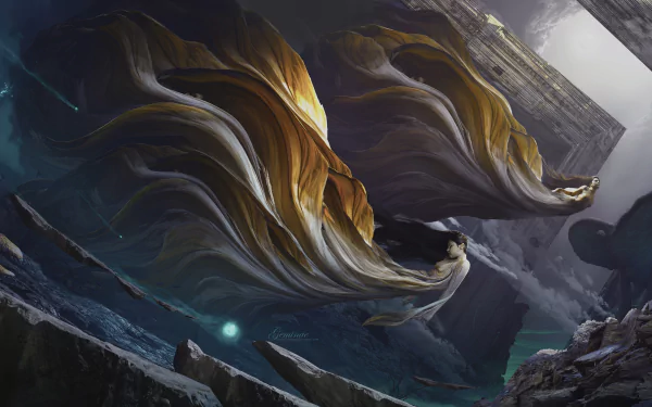 A fantasy woman cloaked in flowing golden fabric stands amid a dramatic, otherworldly landscape, captured in vibrant 8K Ultra HD detail for a PC desktop wallpaper.