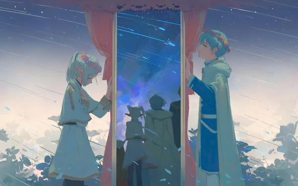 HD PC desktop wallpaper featuring anime characters Frieren and Himmel from Frieren: Beyond Journey's End, standing by a window with a starry night sky.