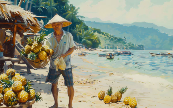 Tropical beach scene with person selling pineapples on a sunny day, perfect for an HD desktop wallpaper and background.