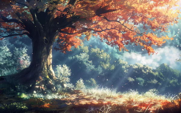 HD desktop wallpaper featuring a serene autumn scene with a majestic tree adorned in vibrant fall colors and sunlight filtering through the foliage.