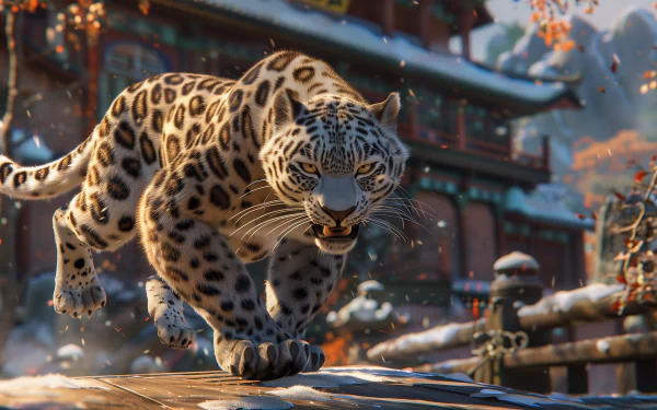 HD desktop wallpaper featuring a dynamic pose of Tai Lung from the movie Kung Fu Panda set against an Oriental-themed backdrop.