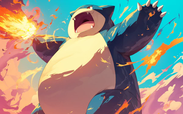 HD anime wallpaper of Snorlax from Pokémon, featuring the character in a dynamic pose with a vibrant, colorful background.