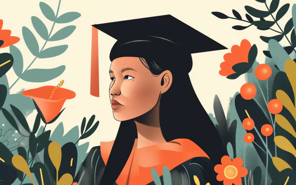 A woman in a graduation cap and gown stands amidst vibrant flowers, symbolizing achievement and new beginnings in this HD desktop wallpaper.