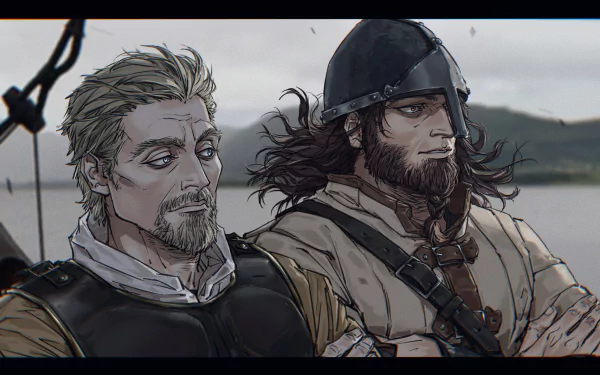 HD anime wallpaper of Askeladd and Bjorn from Vinland Saga, poised against a muted landscape background.