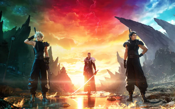 HD desktop wallpaper featuring Cloud Strife and characters from Final Fantasy VII Rebirth with a vivid, dynamic sky in the backdrop.