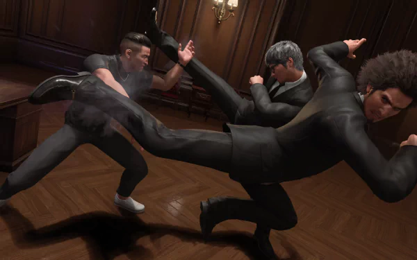 HD wallpaper of an action scene from Like a Dragon: Infinite Wealth video game featuring characters engaged in a dynamic fight.