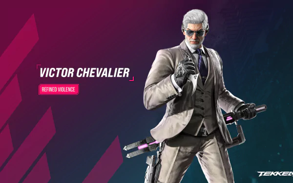 Victor Chevalier character from Tekken 8 video game featured in an HD desktop wallpaper with vibrant background and text 'REFINED VIOLENCE'.