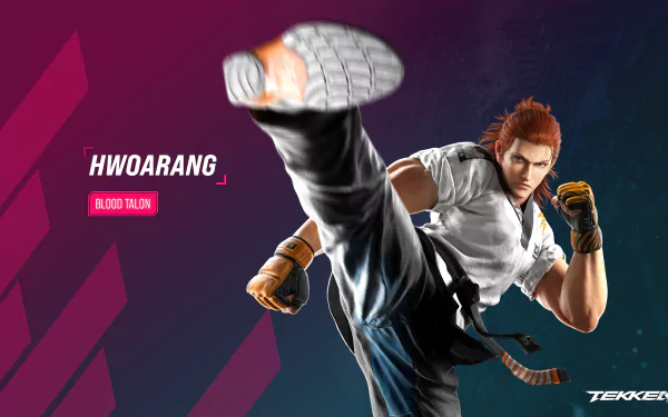 Hwoarang from Tekken 8 performing a high kick in an HD desktop wallpaper.
