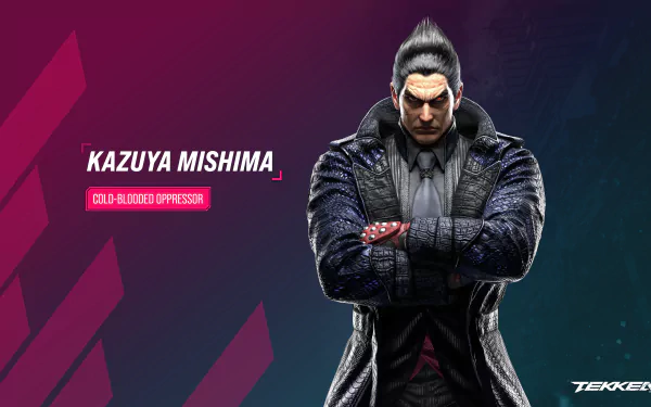 HD wallpaper featuring Kazuya Mishima from Tekken 8 video game with a stylized background, labeled as 'Cold-Blooded Oppressor.'