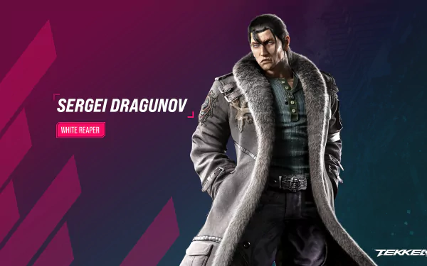 HD desktop wallpaper featuring Sergei Dragunov from Tekken 8, showcasing the character known as the White Reaper with a bold, stylized background.