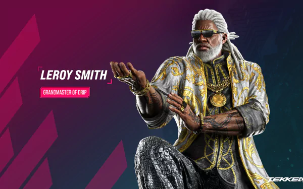HD desktop wallpaper featuring Leroy Smith from Tekken 8 with a dynamic pose on a vibrant geometric background.