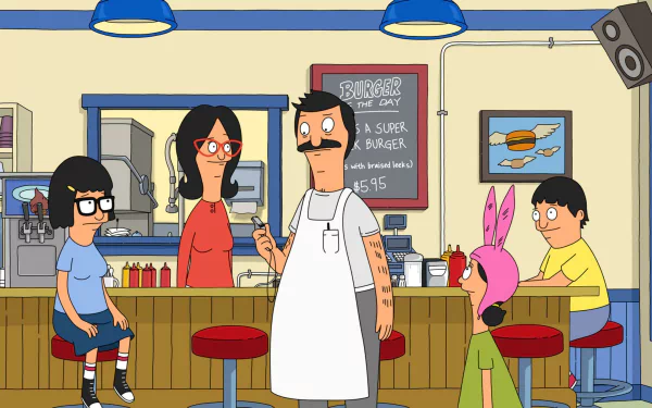 HD desktop wallpaper featuring the Belcher family from the TV show Bob's Burgers with Gene, Louise, and Bob prominently displayed inside their family restaurant.