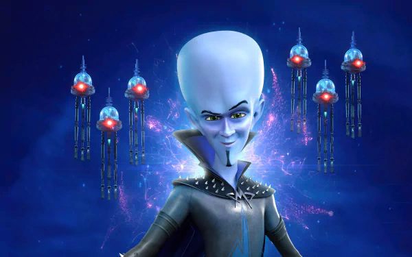 HD Wallpaper of Megamind from 'Megamind vs. The Doom Syndicate' with a dynamic blue background and futuristic cityscape.