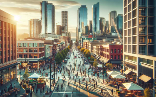 HD desktop wallpaper featuring a bustling downtown street with pedestrians and modern skyscrapers at sunset.