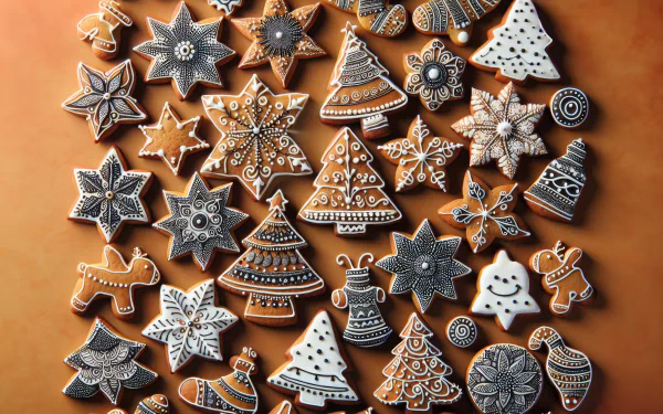 Assorted intricately decorated holiday cookies in shapes of stars, trees, and reindeer presented as an HD desktop wallpaper background.