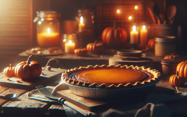 A beautifully arranged scene featuring a pumpkin pie surrounded by autumn decor, candles, and small pumpkins, creating a warm and inviting atmosphere for a HD desktop wallpaper.