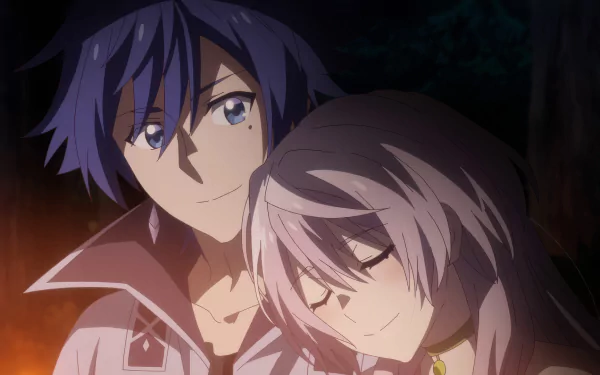 Anime characters from 'The Banished Former Hero Lives as He Pleases' depicted in a tender moment for an HD desktop wallpaper.