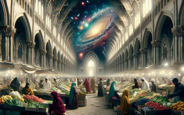 Surreal farmers market inside a grand cathedral with a cosmic galaxy backdrop - HD desktop wallpaper.