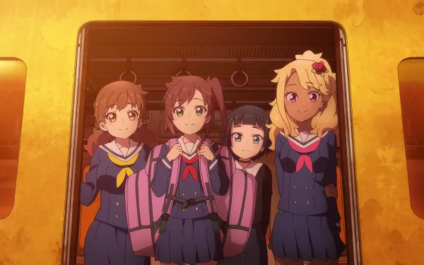 Anime characters aboard 'Train to the End of the World,' HD desktop wallpaper with warm golden hues.