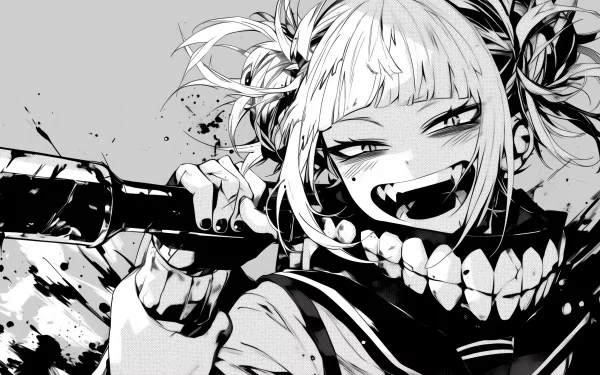 High-definition wallpaper featuring Himiko Toga from My Hero Academia, showcasing her playful yet menacing expression in a striking black-and-white manga style.
