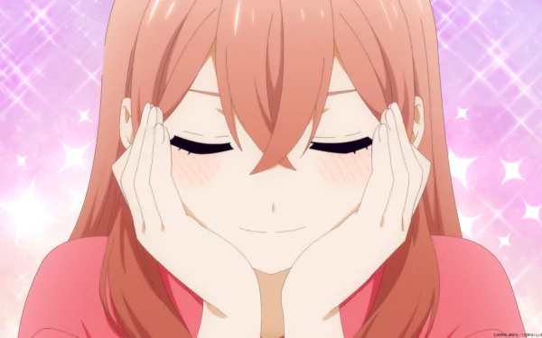 Anime character smiling with blush and sparkling background from A Condition Called Love - HD desktop wallpaper.