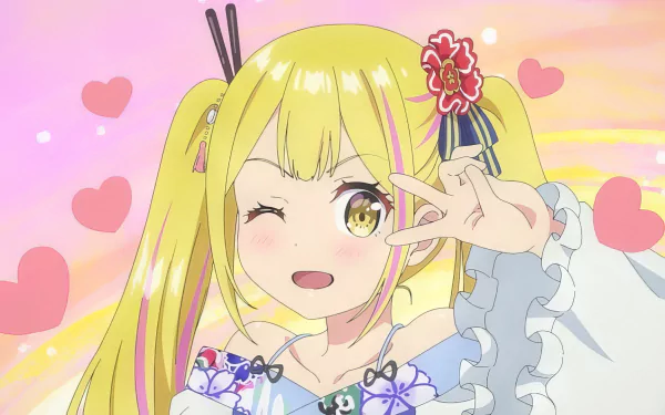 Anime girl with blonde hair giving a peace sign, A Salad Bowl of Eccentrics themed HD desktop wallpaper with hearts background.