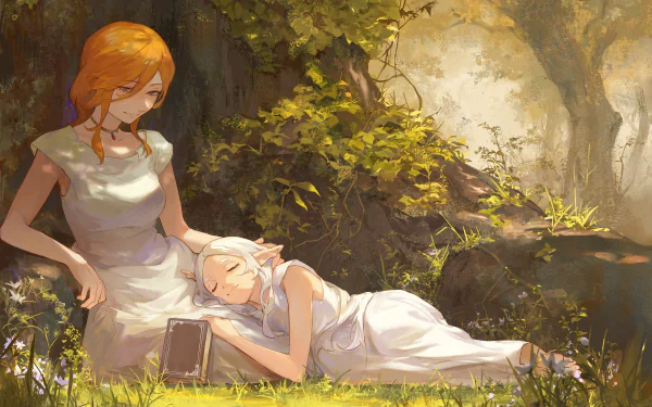 Anime HD desktop wallpaper from Frieren: Beyond Journey's End, depicting two female characters in white dresses resting peacefully in a sunlit forest clearing.
