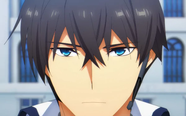HD wallpaper featuring Tatsuya Shiba, a character from the anime series The Irregular at Magic High School, with a focused expression and blue school building background.