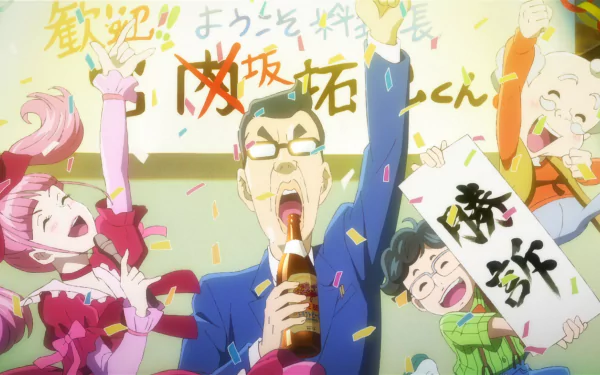 A vibrant HD desktop wallpaper featuring joyous anime characters celebrating with confetti, drinks, and banners, showcasing the energetic atmosphere of Astro Note.