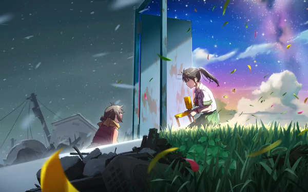 Anime-style 4K Ultra HD wallpaper featuring Suzume Iwato from Suzume no Tojimari, with vibrant colors and dynamic lighting in a dramatic outdoor scene.